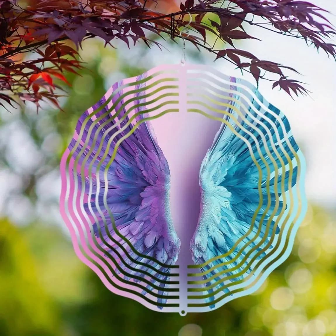 Hanging Wind Chime with Vibrant Feather Design 360 Degree Rotating Hook Metal Art Garden Patio Balcony Decor Battery Free Gift