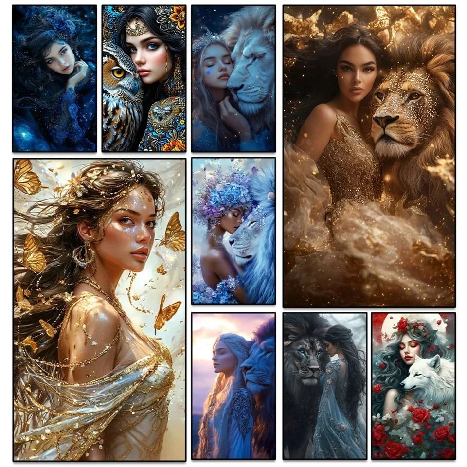 5D Diy Diamond Painting Beautiful Woman Lion Large Size Full Square Round Diamond Mosaic Embroidery Cross Stitch Kits