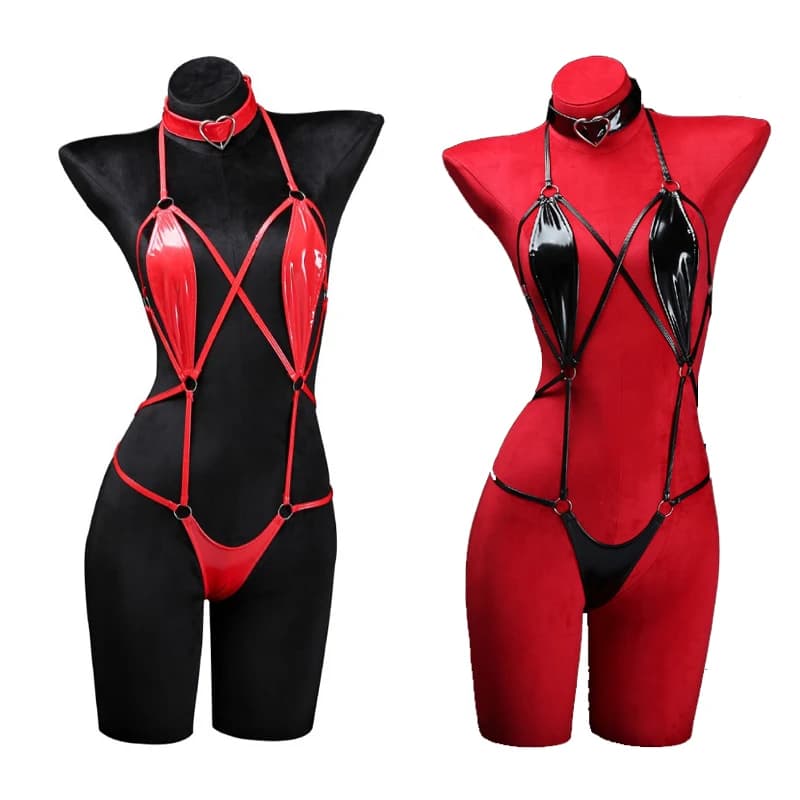 Anime Cosplay Ragazze Halter Costume da bagno in pelle Cinghie incrociate Fasciatura Tuta Body Lingerie Costumi Scava fuori Pigiama