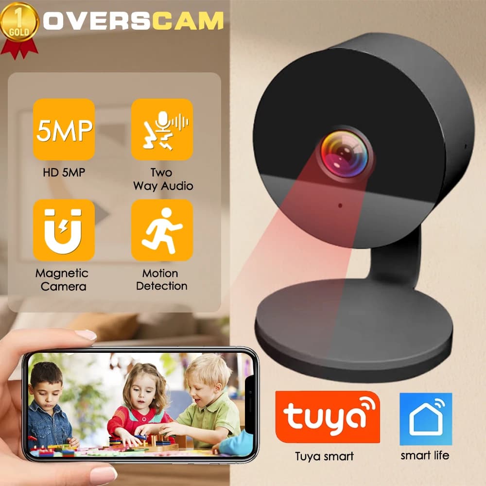 5MP Tuya Smartlife Home Nero Supporto magnetico Forma rotonda Video IP di piccole dimensioni Sicurezza domestica invisibile Baby Monitor Mini telecamera IP
