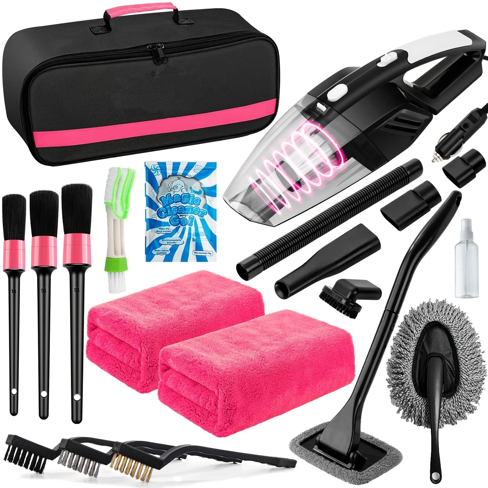 FCLUSLL Kit di Pulizia Auto 20 Pezzi, Kit per Pulizia Interni, con Aspirapolvere Portatile ad Alta Potenza, Set di Spazzole, per Parabrezza