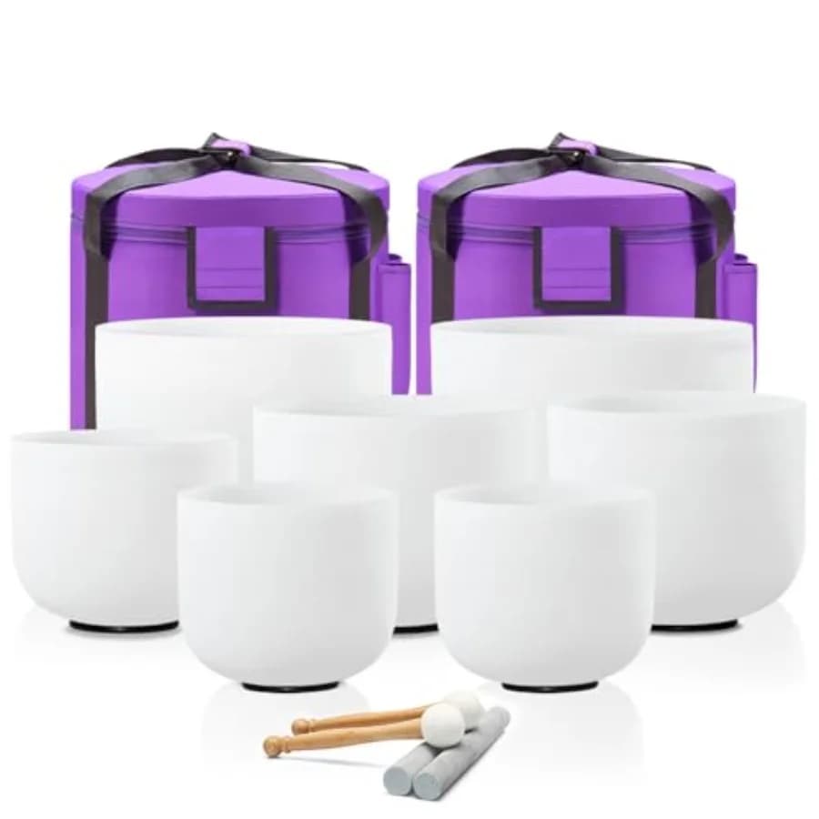 432Hz 7-12 Inch Crystal Singing Bowl Set of 7 with 2 Pcs Carrying Case Bag, Frosted Quartz Crystal Sound Bowls for Chakra, Soun
