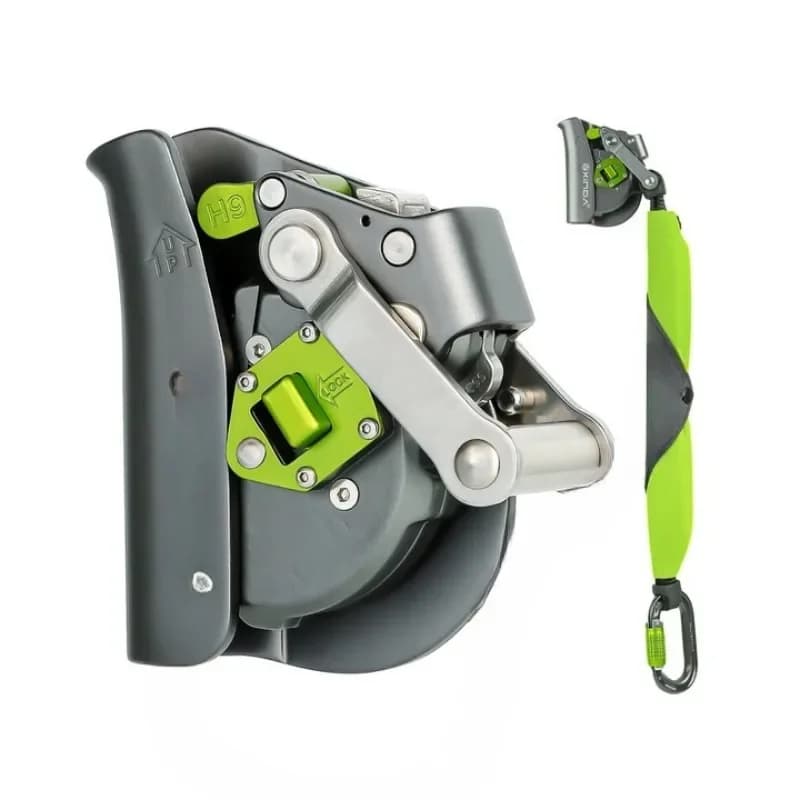 Anti-fall device with round teeth, shock absorber bag, closure set, height protection, anti-fall device.
