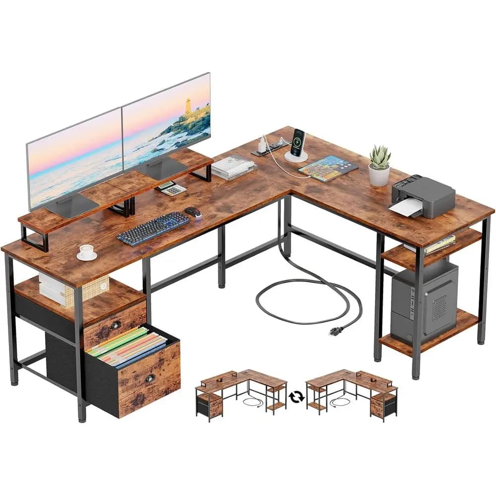 66” L Shaped Desk with Power Outlet, Reversile Home Oice Desk with ile Der, 2 Monitor Stands, StoraShees, Computer Tale or Gamin