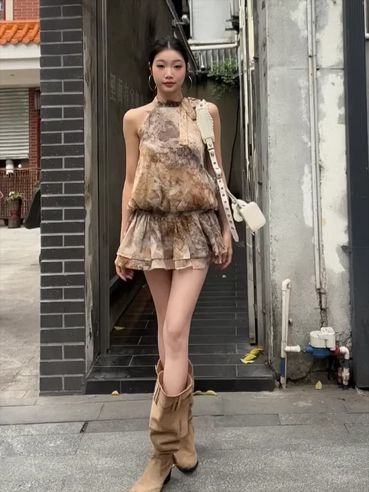 American Retro Design Neck Hanging Strap Dress Women's Spring Summer Slimming Short Skirt Gradient Coloring Sexy Girl Vacatio...