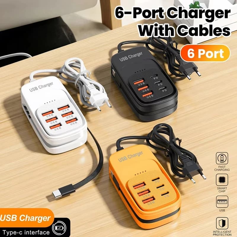 Fast USB Charger 6-in-1 Power Strip Desktop Charging Station With Fast Charging Cord EU/US Plug USB HUB Adapter Socket 3PD 3USB