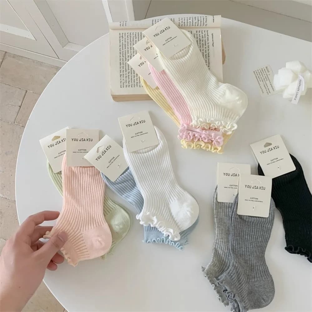 Cute Thin Ruffle Socks Cotton Breathable Short Socks Solid Colors Lace Ruffle Socks for Summer