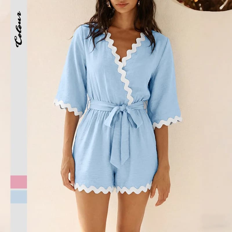 Women's Summer Vacation V-neck Belted Romper Ruffle Trim 3/4 Sleeve Casual Jumpsuit Shorts
