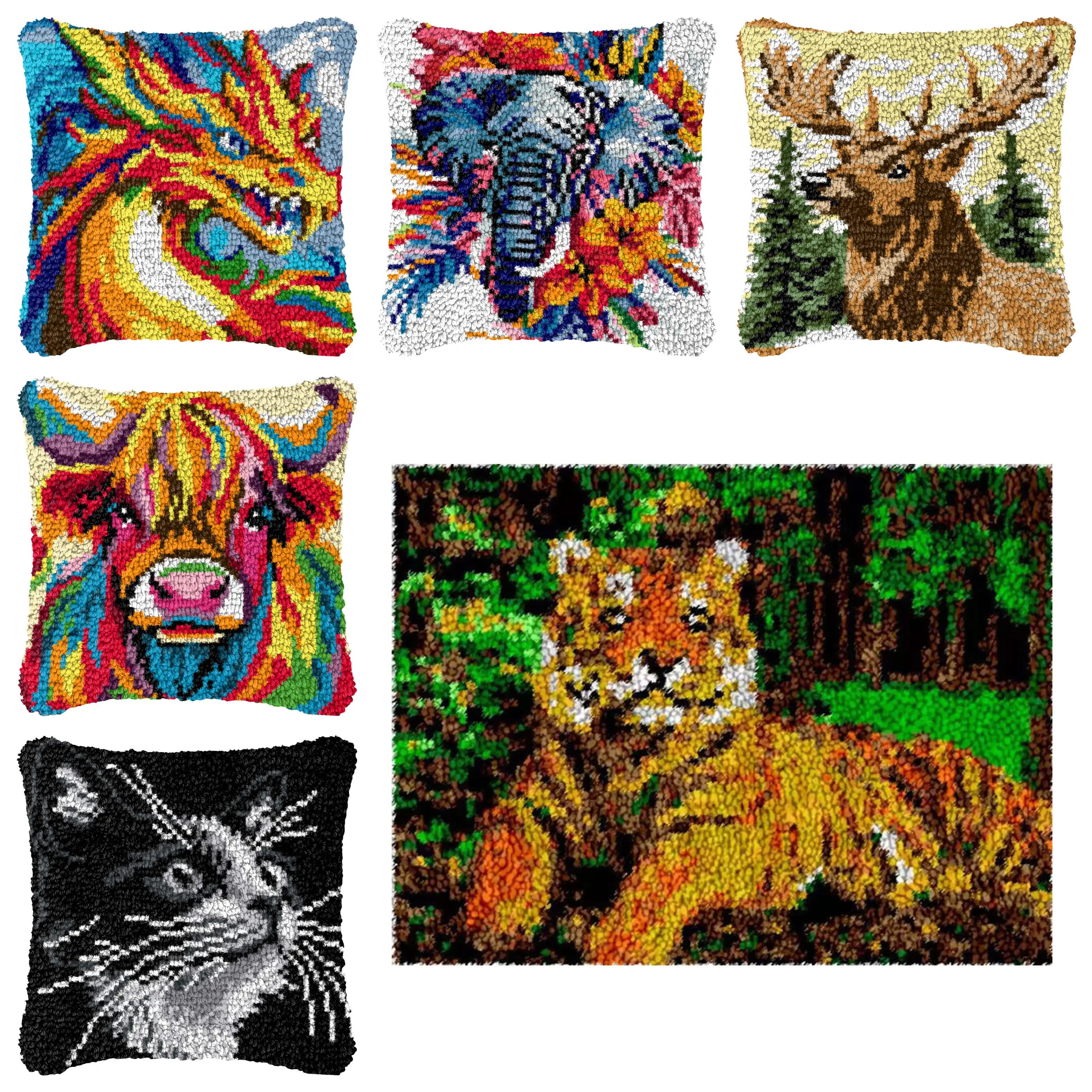 Serie animale Cuscino Ricamo Gancio di chiusura Kit Tappeto Tigre/Leone/Lupo Gancio di chiusura Tappeto Smyrna Pacchetto Fai da te Croce Knooppakket Kit