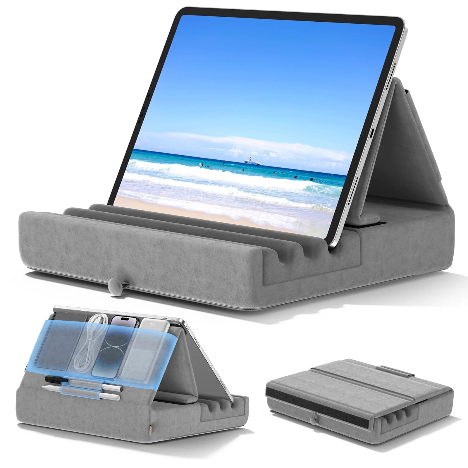 Supporto per cuscino per tablet KDD Supporto per iPad pieghevole per letto e scrivania Dock morbido per tablet con supporto tascabile e stilo per iPad Pro