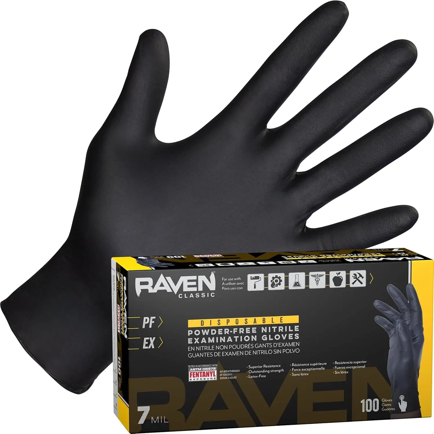 Guanti Monouso in Nitrile Raven Senza Polvere 7 Mil - XL, Senza Lattice, Resistenti a Prodotti Chimici e Forature, con Presa Testurizzata per Settore Automobilistico