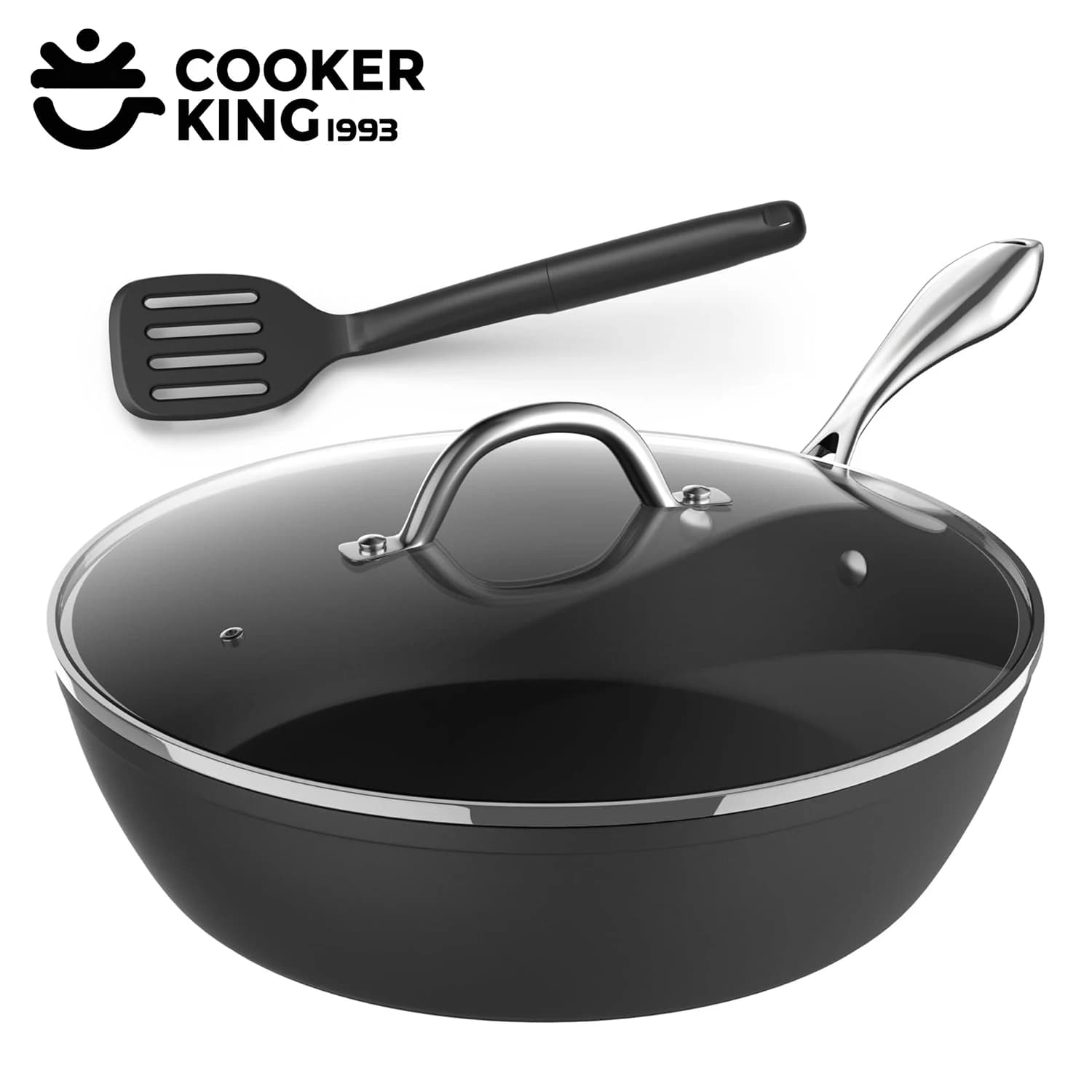 COOKER KING Padella Antiaderente Wok 28cm con Coperchio e Spatola, Universale per Fornelli a Induzione e Gas, Ideale per Cuocere Bistecche