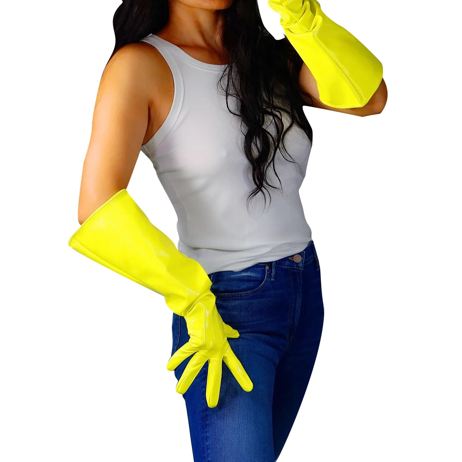 DooWay Guanti unisex in lattice giallo fluorescente 50CM Manica a sbuffo Shine Guanto da sera in finta pelle verniciata per feste di Natale