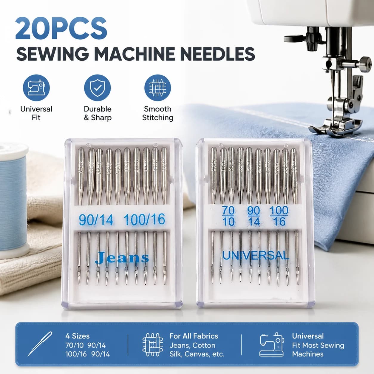 20pcs Sewing Machine Needles Universal Regular Sharp Point Sewing Needles Suitable for Jeans Sizes 65/9 75/11 80/12 90/14 100/16