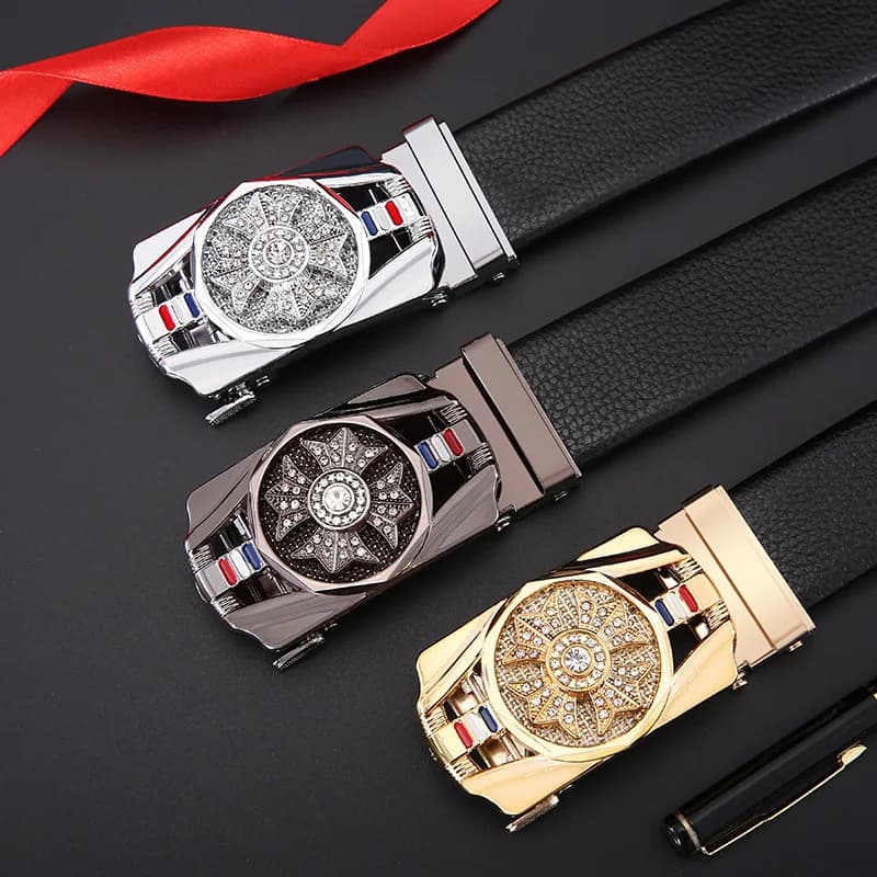 Men's Business-Style Luxury Belt, Men's Automatic Buckle Belt, Gold Belt Buckle, Rhinestone Accents leather belt men