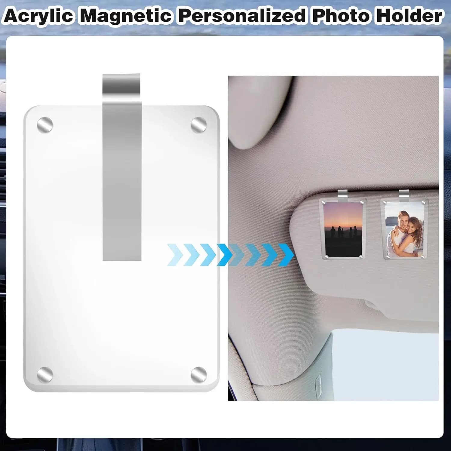 Car Picture Holder, 2 Pcs Acrylic Magnetic Photo Frame for Visor Clip Personalized Car Accessories for Family Personal Photos