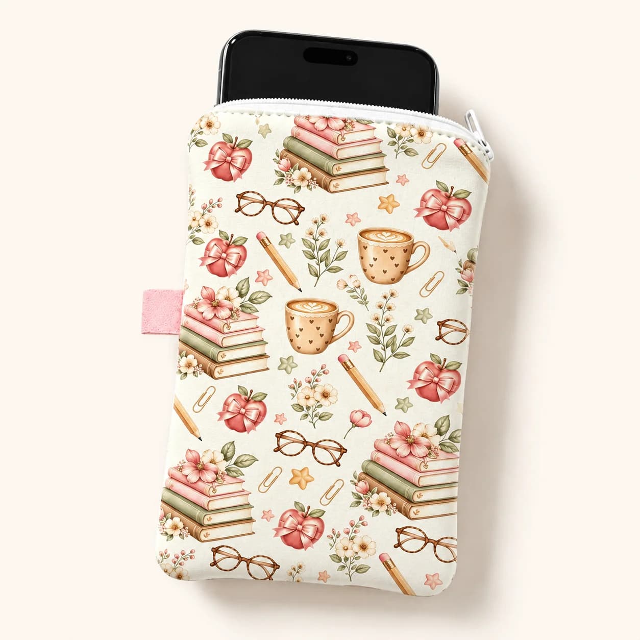 Printed Mobile Phone Sleeve with Zipper Book Coffee Floral Pattern Phone Pouch for Women Travel Handbag Organizer Storage Bag