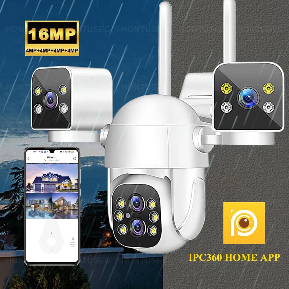 IPC360 Home App Telecamera di sicurezza 16MP 8K 4 obiettivi Zoom 10X 3 schermi Telecamera PTZ WiFi Audio bidirezionale Monitoraggio automatico Visione notturna a colori