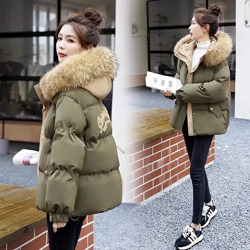 Down cotton Jacket For women Short Thicken 2026 Winter New Big fur collar Loose Cotton Coat Women's Warm Hooded Jackets Parker