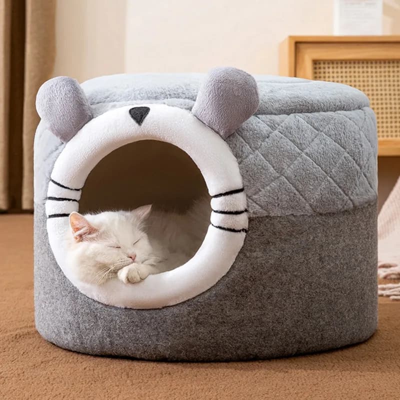 2‑In‑1 Enclosed Pet Ottoman Bed Warm Winter Cat Cave House Dual‑Use Cushion Nest for Cats Small Dogs Indoor Pet Supplies