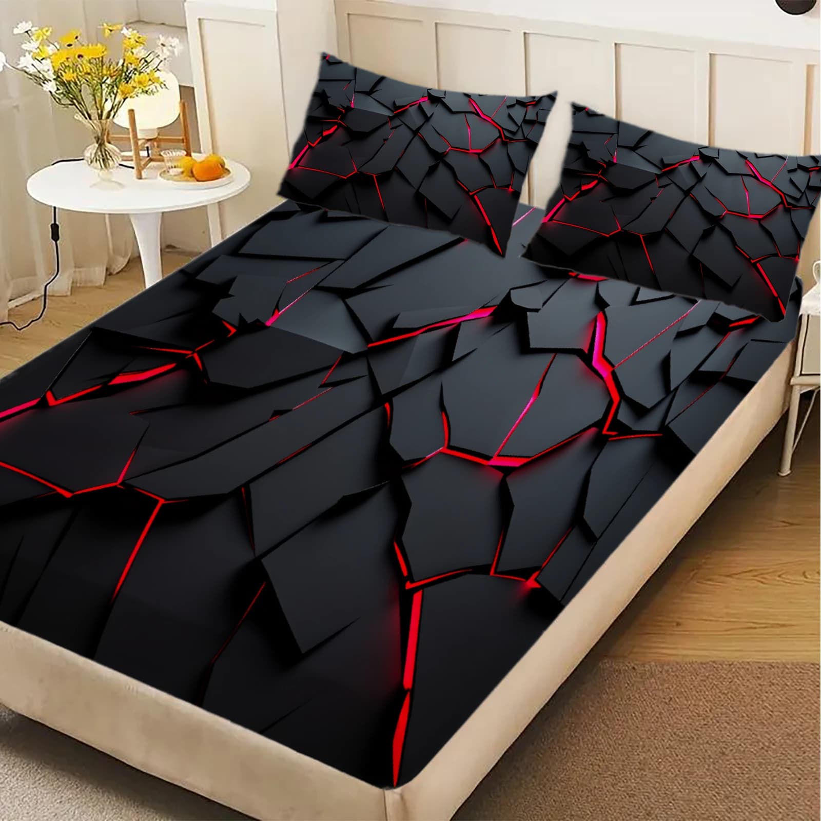 Set of 3 Sheets with 3D Printing Luminous Effect, Soft, Red and Black, for Single Bed, Double, Queen and King Size, Home Decoration