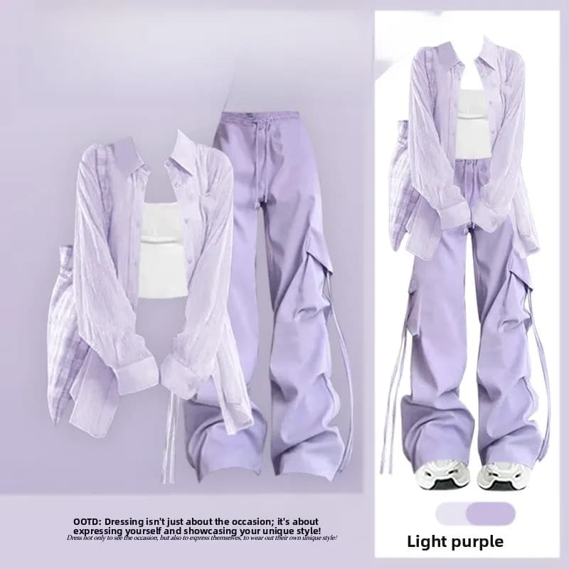 Summer New Lazy Style Women's Set Reducing Age Gentle Sunscreen Shirt Strap High Waist Workwear Pants Two Piece Set Fashionable