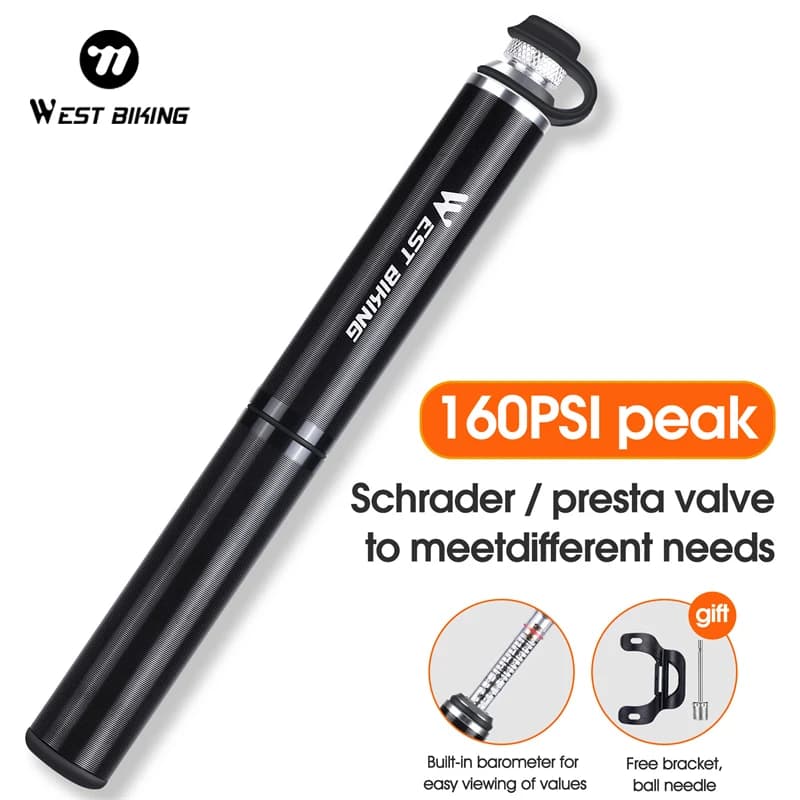Pompa per Bicicletta WEST BIKING 160PSI con Manometro, Pompa per Bici da Strada e MTB, Tubo Presta e Schrader, Gonfiatore per Pneumatici, Accessori