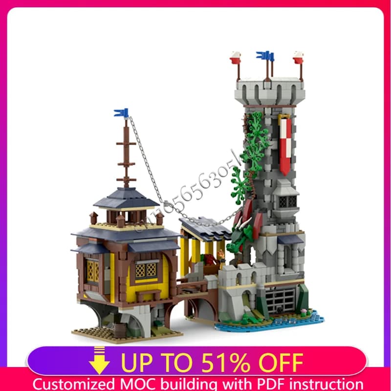 1035 PCS MOC Medievale Drago Torre Dock Building Block Set Scena architettonica europea Modello Mattoni Bambini Assemblaggio Regalo di compleanno