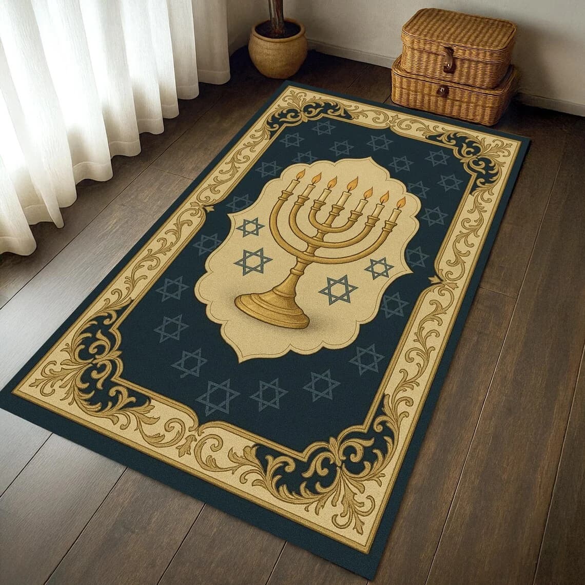 Jewish Carpet with David Star, Navy and Gold Blue Prayer Mat, Hanukkah Gift, Traditional Religious Decoration, Anti-slip Carpet