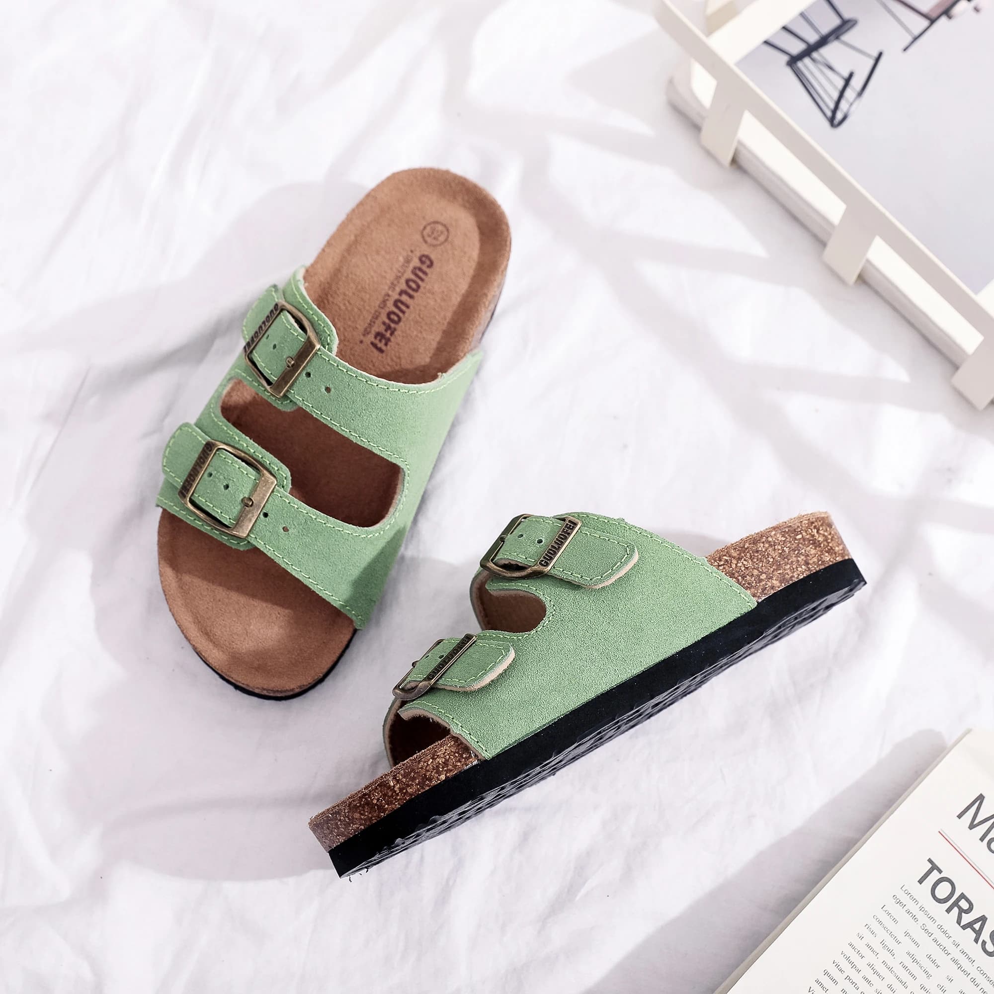 Guoluofei Arizona Cork Sandals, Adjustable Buckle Comfort Slides for Men, Cow Suede Cork Insole Summer Sandals Women Footwear