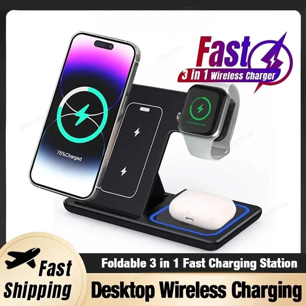 GEFENIS 30W 3 In 1 Wireless Charger Stand LED Foldable Wireless Charger For IPhone 16 15 Pro Max IWatch 8 7 Airpods Charge Dock
