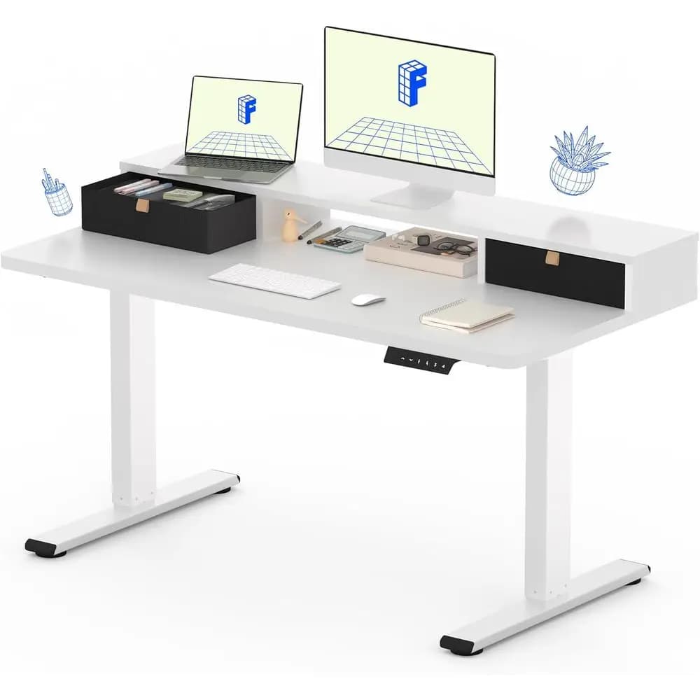 Scrivania Regolabile in Altezza con Ripiano Portaoggetti, Ergonomica per Monitor o Laptop (Bianca, 48)