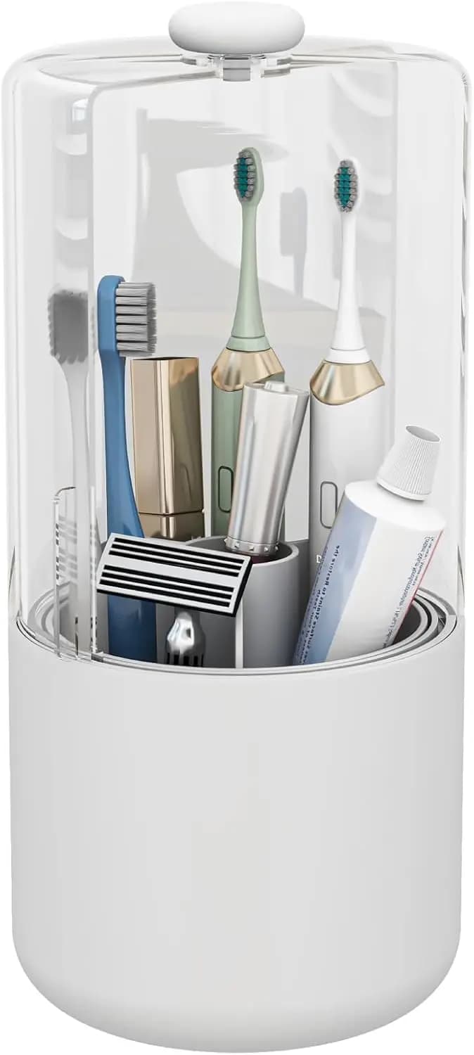 Portaspazzolini con Coperchio, Rotazione a 360°, 4 Scomparti, Organizzatore per Dentifricio e Spazzolini Elettrici, Bianco