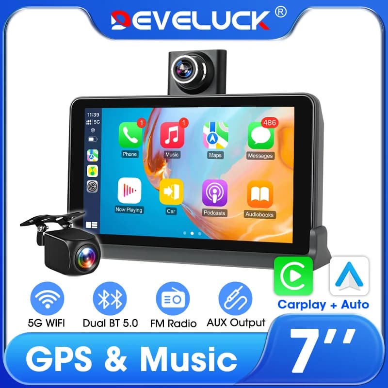 Dashcam Carplay AI 7" 2.5K Screen with Rearview Camera GPS Navigation 5G WiFi Wireless Android Auto Double Bluetooth Radio FM AUX