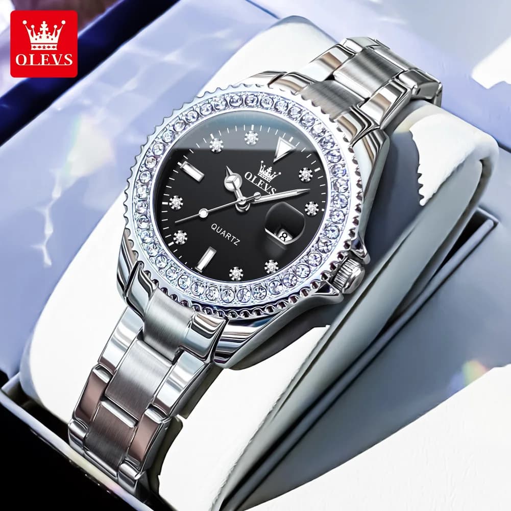 OLEVS Orologio al quarzo di marca di lusso per donna Cinturino in acciaio Impermeabile Data Orologio da polso da donna luminoso Lunetta con diamanti Orologio da donna 9945