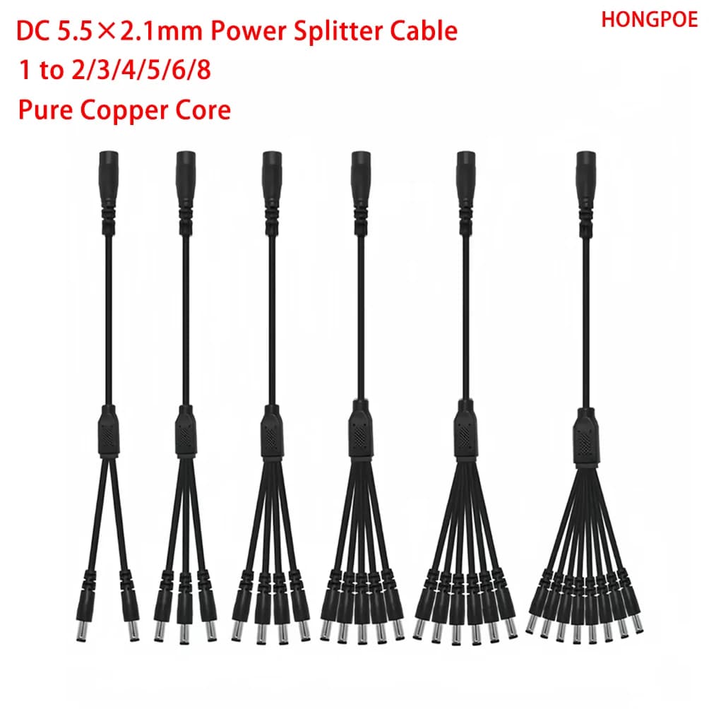 Cavo di alimentazione DC 5,5×2,1 mm da 1 a 2/3/4/5/6/8, materiale in PVC ignifugo per strisce LED, CCTV, TV box, dischi rigidi, console di gioco.