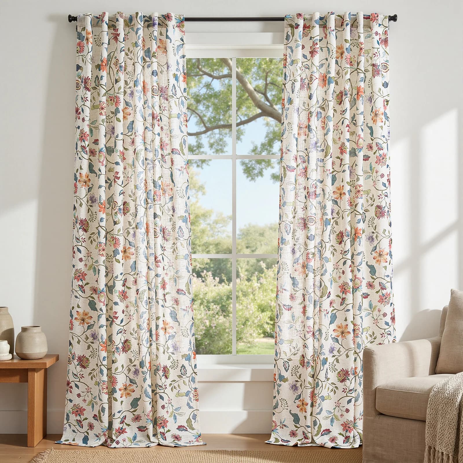 Botanical Floral Print Curtains for Living Room Bedroom, Rustic Linen Texture Window Drapes, 2 Panels Set