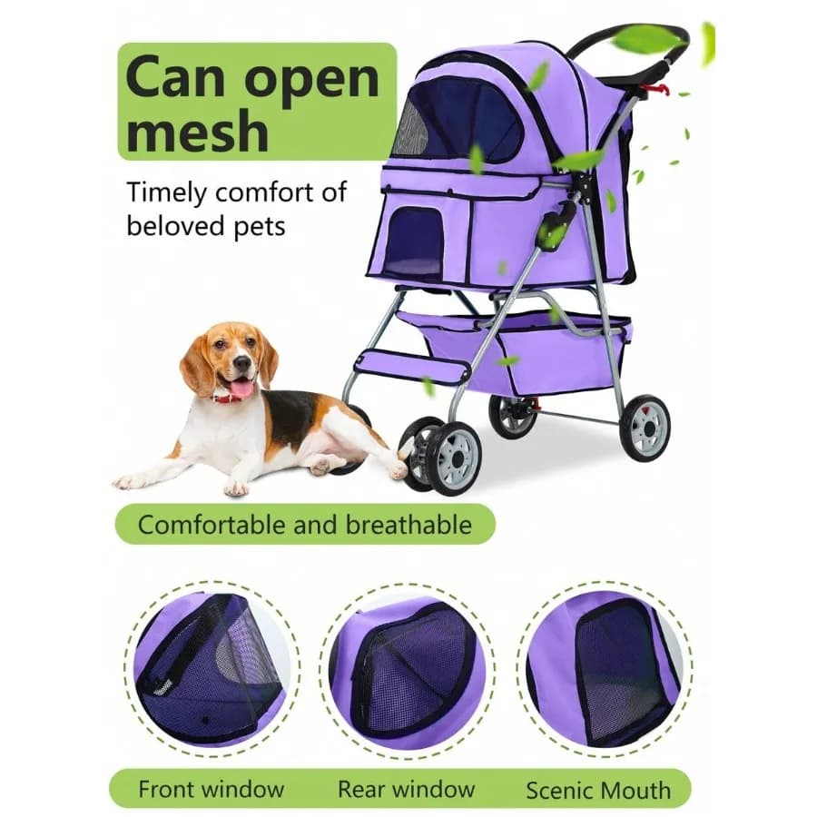 【Nuovo stile】Passeggino per cani a 4 ruote, passeggino per gatti, passeggino pieghevole impermeabile per cuccioli con portabicchieri e rimovibile