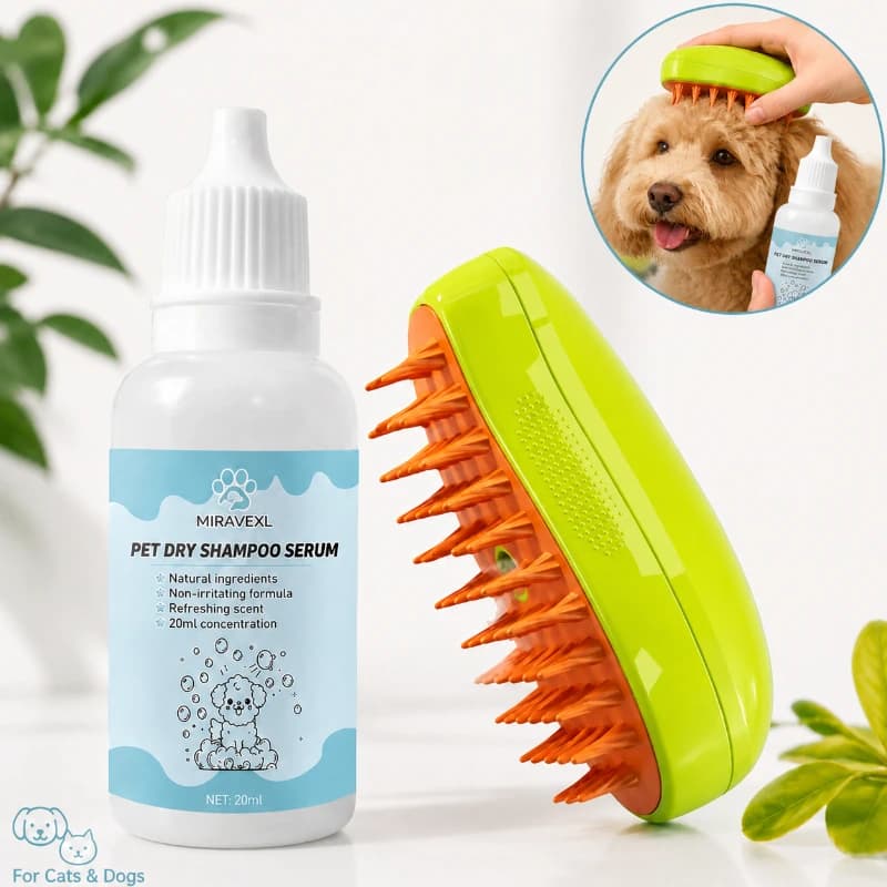 MIRAVEXL Pet Dry Shampoo Kit for Dogs Cats, No-Rinse Waterless Coat Serum & Grooming Brush, Natural Refreshing Fur Care Set