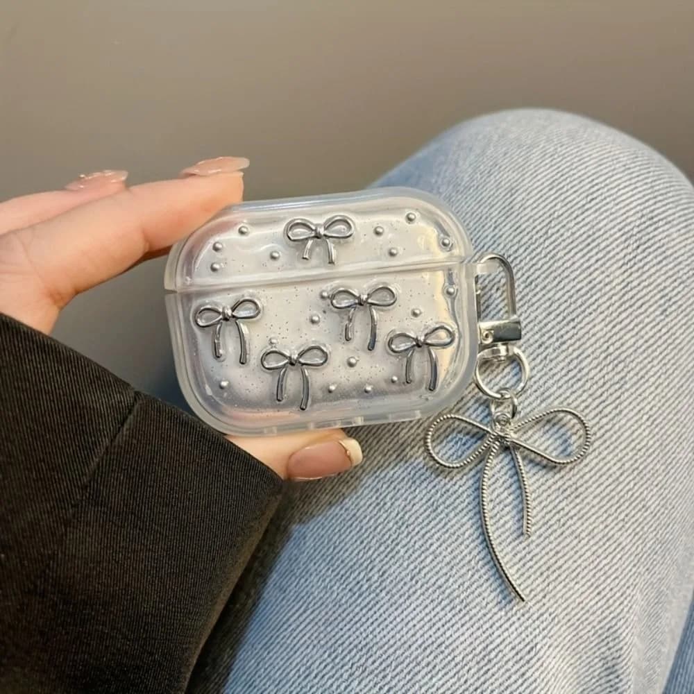 Headphone case with cute silver bow with transparent protective shell Soft shockproof TPU case for Airpods 4/3/2/1/pro2/pro