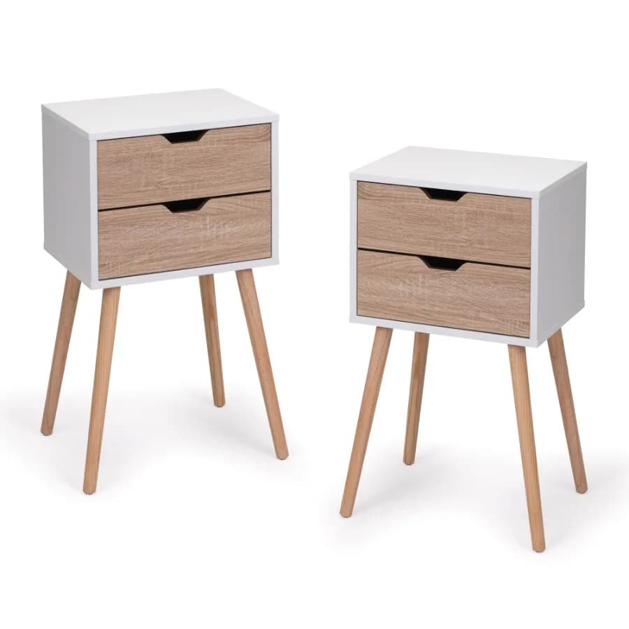 Comodino con 2 cassetti, tavolino da notte con gambe in legno massello e contenitore, tavolino laterale, mobile comodino per camera da letto