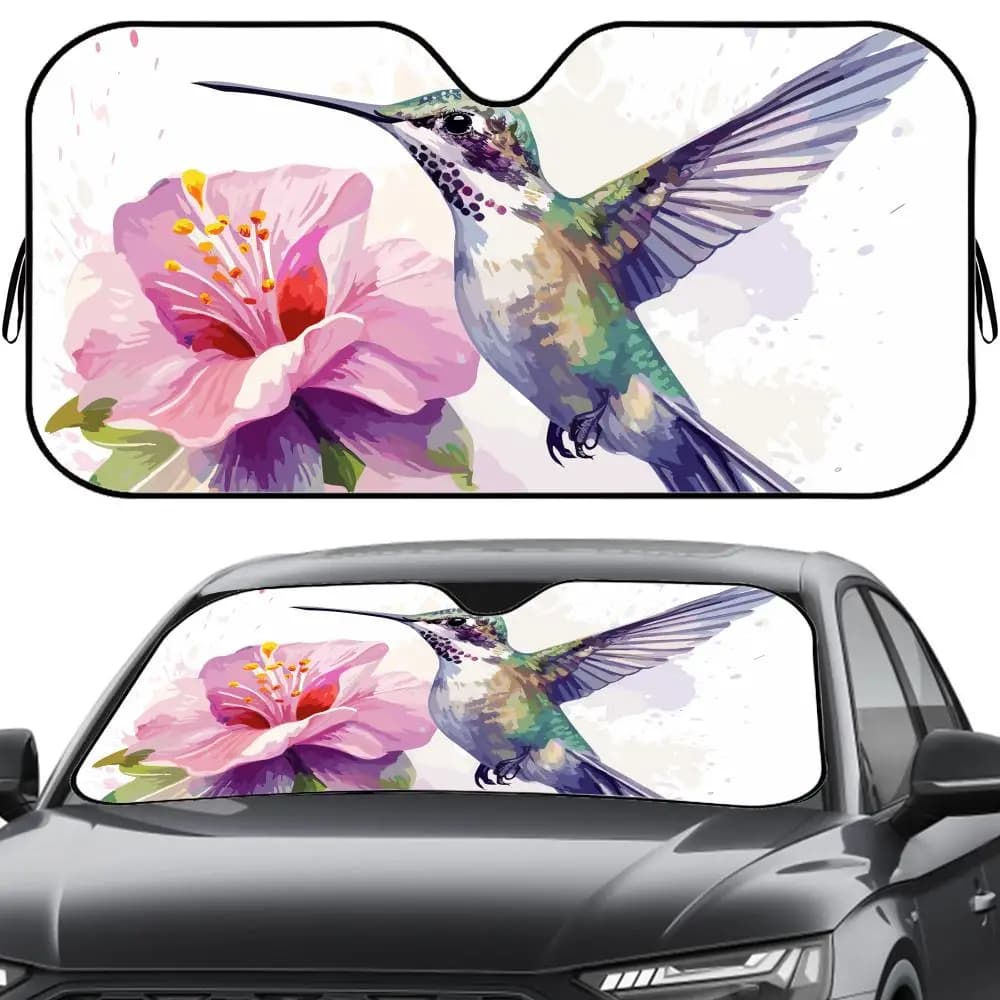 Parasole Hummingbird Spring Flowers in lamina di alluminio riutilizzabile, protezione UV, isolamento termico a cinque strati, parasole per parabrezza