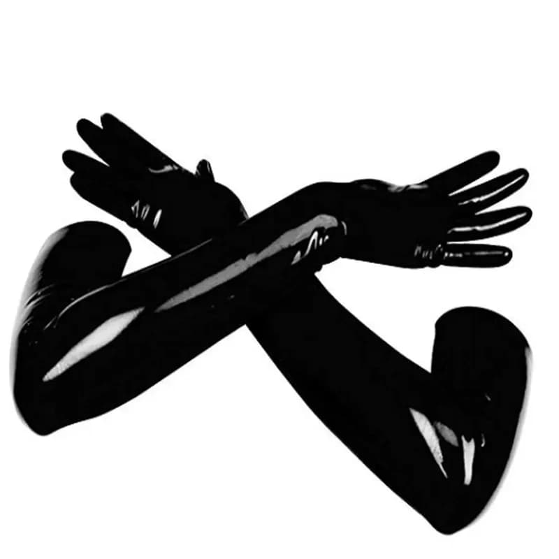 Guanti in lattice di gomma nera Polso fetish Guanti lunghi modellati senza cuciture sulla spalla per uomo donna con cappuccio tuta Catsuit