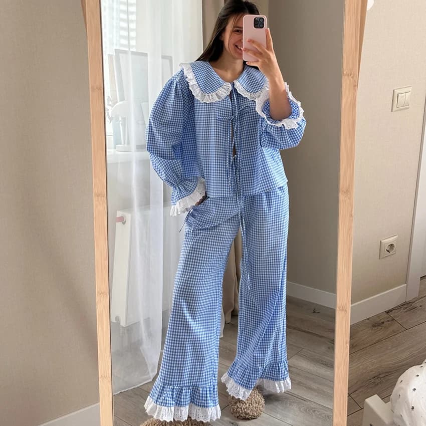 HiLoc Blue Plaid Sweet Lace Ladies' Pajamas 2 Piece Long Sleeve Lapel Lace Placket Top Elastic Waist Full Length Pants 2026 Fall