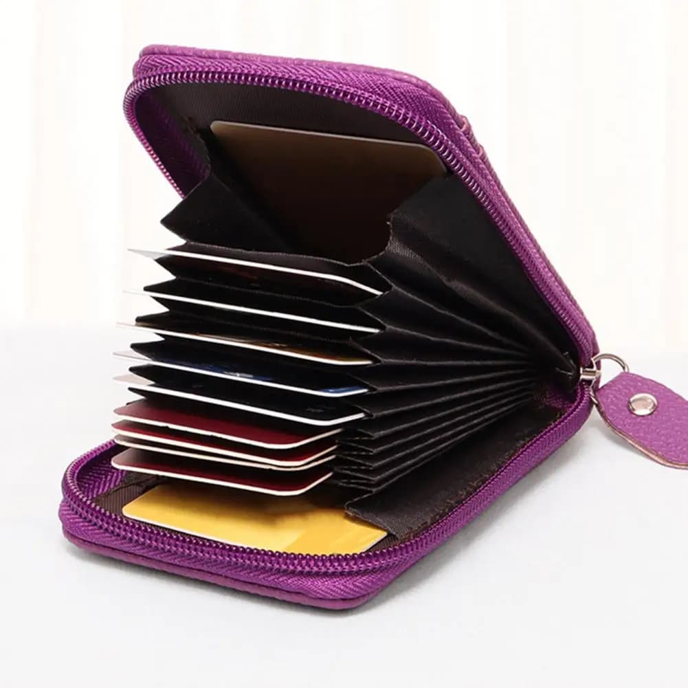 Portamonete con 14 slot per carte Porta carte Finestra identificativa Porta documenti antifurto Chiusura con cerniera Portafoglio con cuciture rigide in ecopelle