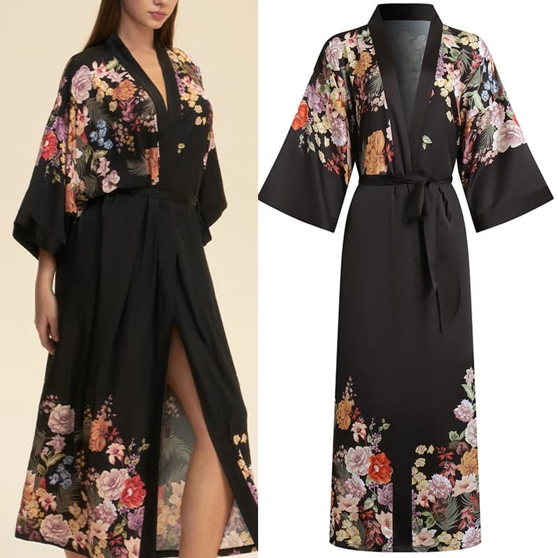 Elegante stampa floreale Abito lungo Kimono Accappatoio Abito Plus Size Indumenti da notte femminili Camicia da notte Abito da casa allentato Pigiama da casa