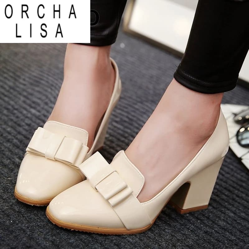 ORCHA LISA Retro Office Lady Décolleté Square Toe Large heels 9 cm Slip On Mocassini Bowknot Big Size 41 42 43 Women's day shoes glossy