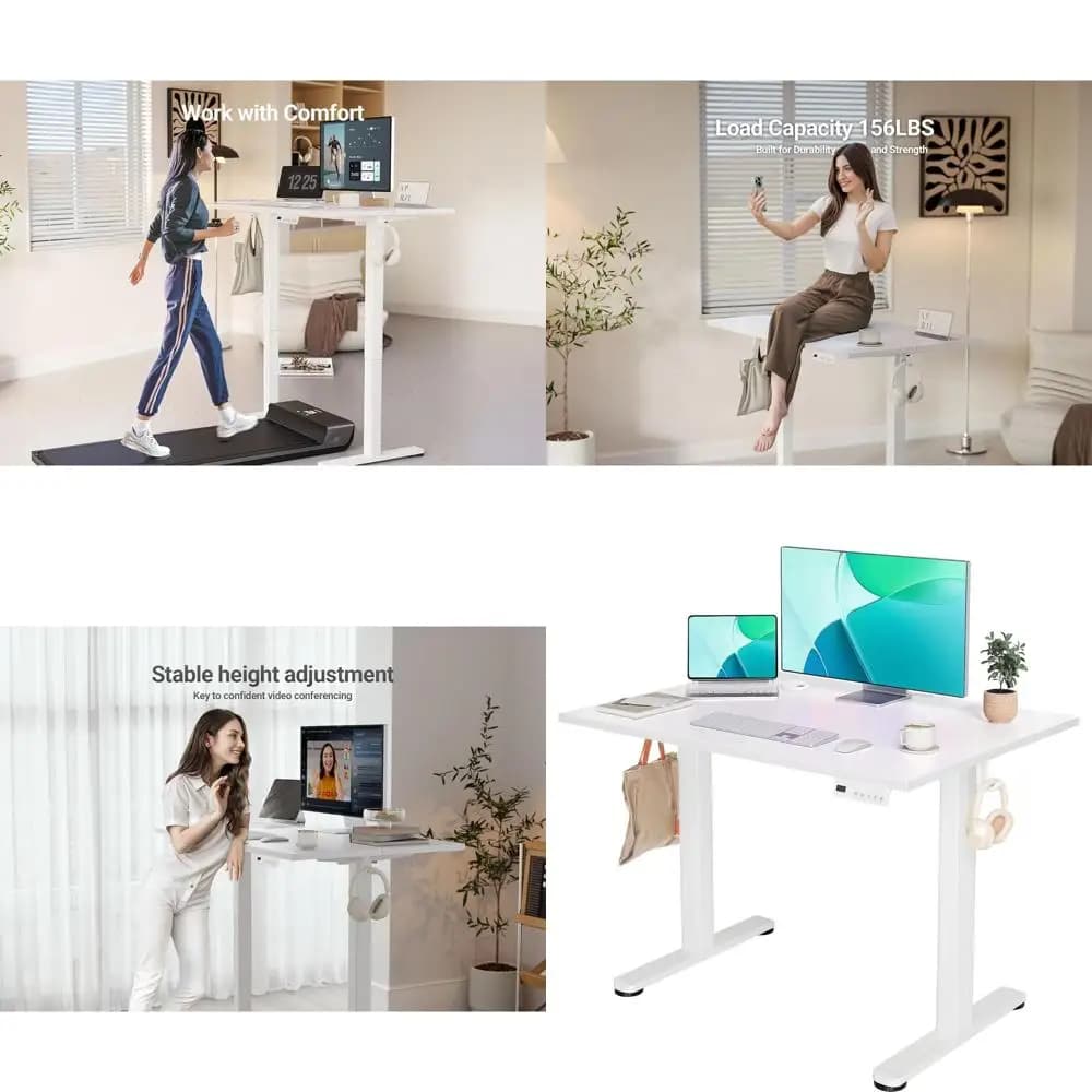 Scrivania Elettrica Regolabile in Altezza, 40x24, Gestione Cavi, Piano Bianco con Pannello di Giunzione per Casa e Ufficio
