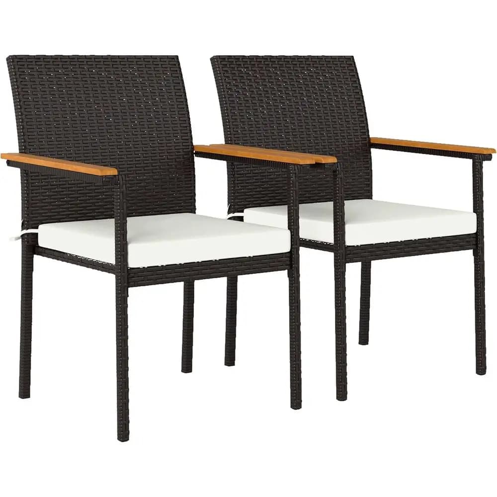 Set of 2 PE rattan outdoor stackable dining chairs with wooden cushions and armrests, white cream
