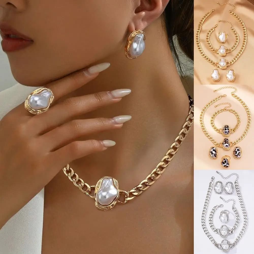 Set di Gioielli Vintage con Perle, 5 Pezzi, Collana con Catena Irregolare Esagerata, Set di Lusso Leggero con Collana, Bracciale e Anello in Metallo per Donne